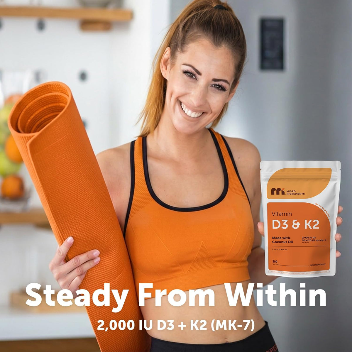Micro Ingredients Vitamin D3 2,000 IU + K2 MK-7 50 mcg, 300 Softgels | Made with Coconut Oil | 2-in-1 Formula | Easy to Swallow, Non-GMO - görsel 5