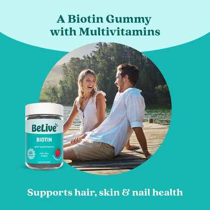 BeLive Biotin Gummies with Multivitamins, Folate & Inositol – Vegan, Pectin Based – Strawberry Flavour