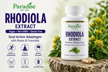 Paradise Herbs Rhodiola Extract 500mg, Adaptogen for Stress Resilience, Vegan, Non-GMO, Gluten Free, 60 Vegetarian Capsules