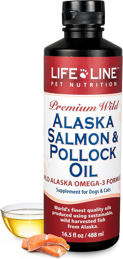 Life Line Pet Nutrition Wild Alaska Salmon & Pollock Oil – Omega 3 Supplement for Dogs and Cats in All Life Stages, 488 ml
