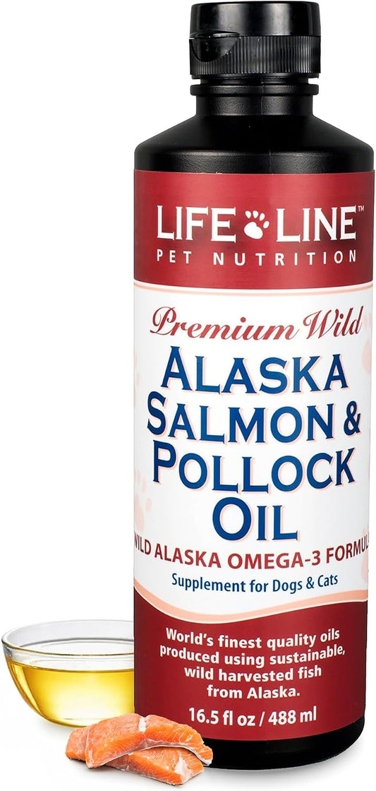 Life Line Pet Nutrition Wild Alaska Salmon & Pollock Oil – Omega 3 Supplement for Dogs and Cats in All Life Stages, 488 ml