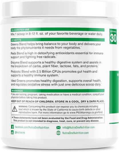 NutraOne Ideal Greens Antioxidant & Nutrient-Rich Superfood Greens Powder, Berry, 30 Servings