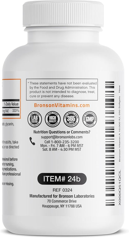 Bronson Vitamin A 10,000 IU – Premium Non-GMO Formula, 250 Softgels