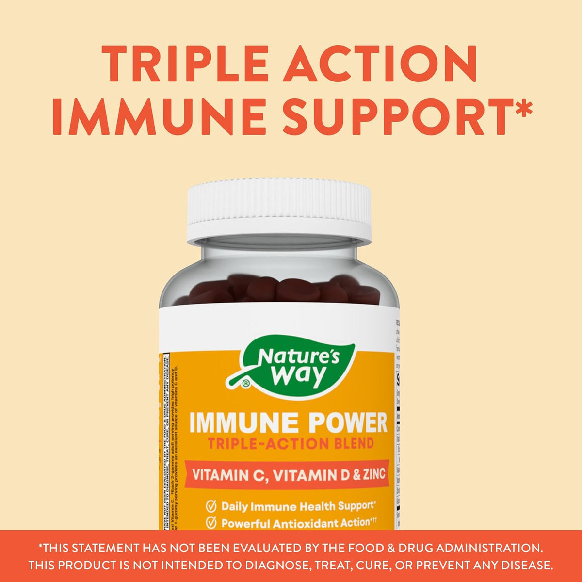 Nature's Way Immune Power, Triple Action Immune Support Blend, Vitamins C & D, Zinc, Strawberry-Orange Gummies - 90 Count - görsel 3