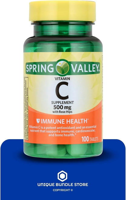 Vitamin C 500mg with Rose Hips – 100 Tablets, Vegan Vitamin C Food Supplement for Men and Women, Gluten-Free, Daily Vitamin C with Natural Antioxidant Support (Pack of 2)