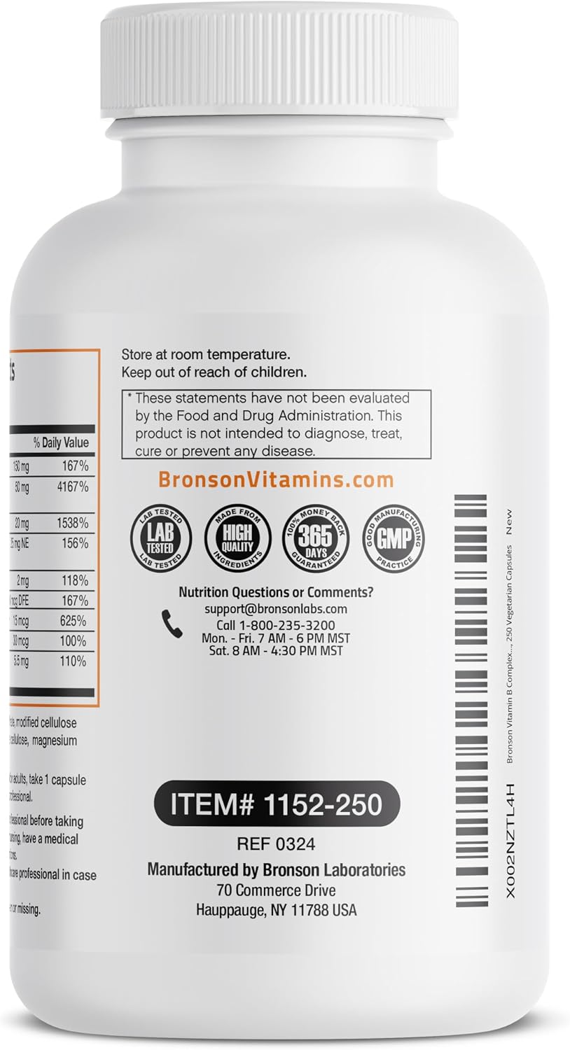 Bronson Vitamin B Complex with Vitamin C - 250 Vegetarian Capsules - görsel 7