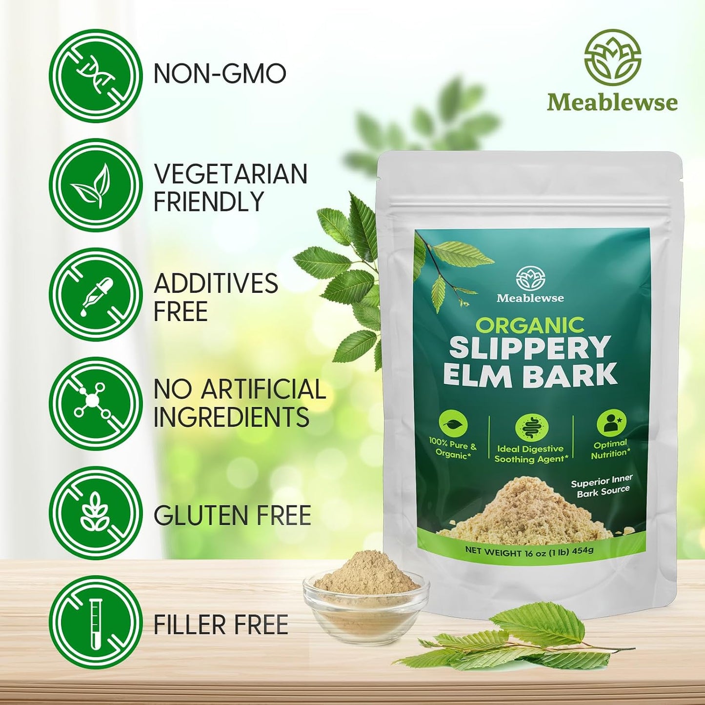 Meablewse Slippery Elm Bark Powder, 454g (349 Servings) - 100% Pure, Vegan, Non-GMO, Gluten-free - görsel 8