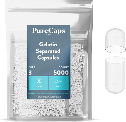 PureCaps USA - Empty Gelatine Capsules Size 3 | 2,000 Capsules | Clear | Non-GMO Certified | SLS, Gluten, Preservative Free