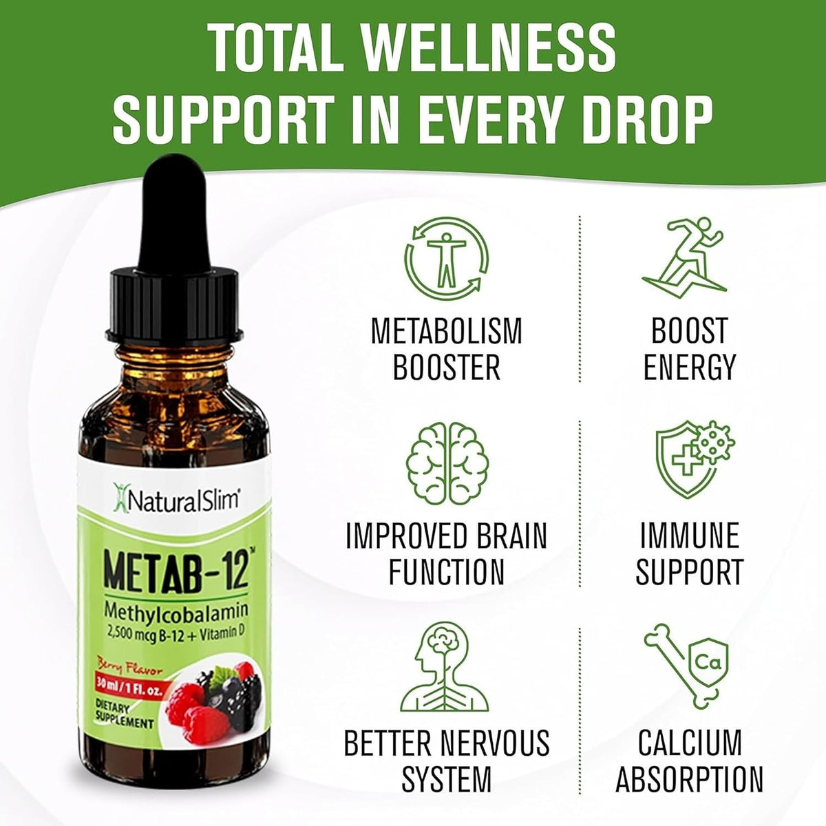 NaturalSlim Metab-12 Liquid B12 with Vitamin D - Methylcobalamin 2500 mcg Sublingual Drops, Berry Flavour, 30 ml - görsel 5