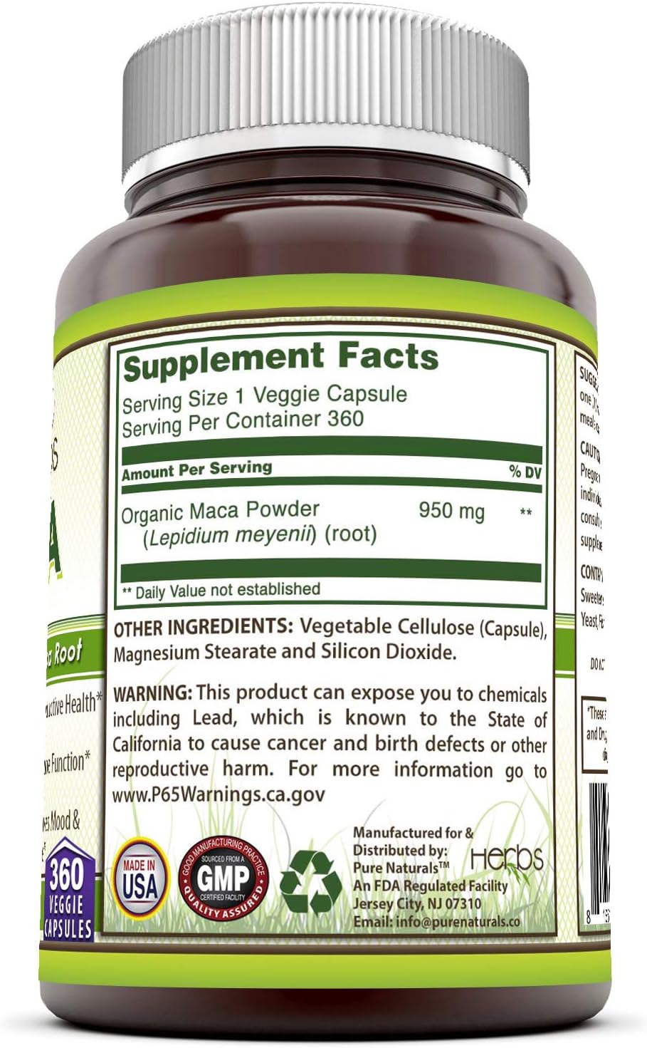 Pure Naturals Maca Supplement | 950 mg Per Serving | 360 Veg Capsules | Non-GMO | Gluten-free | Made in USA - görsel 3