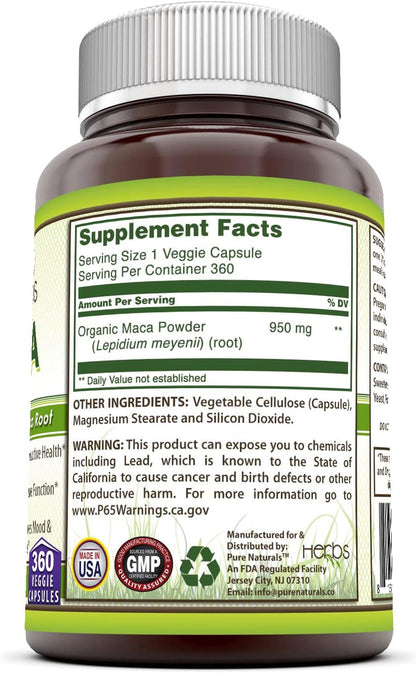 Pure Naturals Maca Supplement | 950 mg Per Serving | 360 Veg Capsules | Non-GMO | Gluten-free | Made in USA