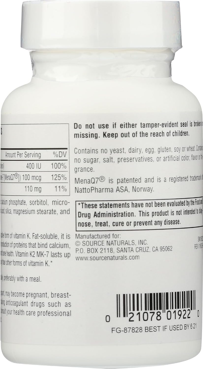 Source Naturals Vitamin K2 + D3 Bone & Heart Health Complex - 400 IU Vitamin D3 & 100 mcg Vitamin K2 (MK-7) with Calcium - 60 Tablets - görsel 4