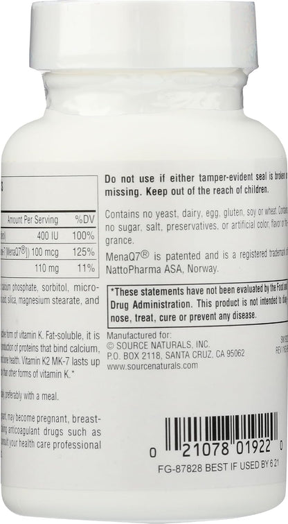 Source Naturals Vitamin K2 + D3 Bone & Heart Health Complex - 400 IU Vitamin D3 & 100 mcg Vitamin K2 (MK-7) with Calcium - 60 Tablets