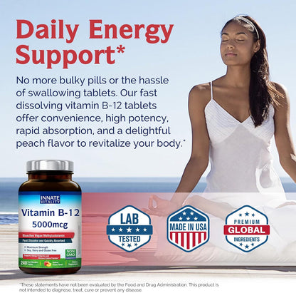 Innate Vitality Vitamin B12 5000mcg, Sublingual, Vegan Methylcobalamin, Fast Dissolve Tablets, Natural Peach Flavour, 240 Tablets