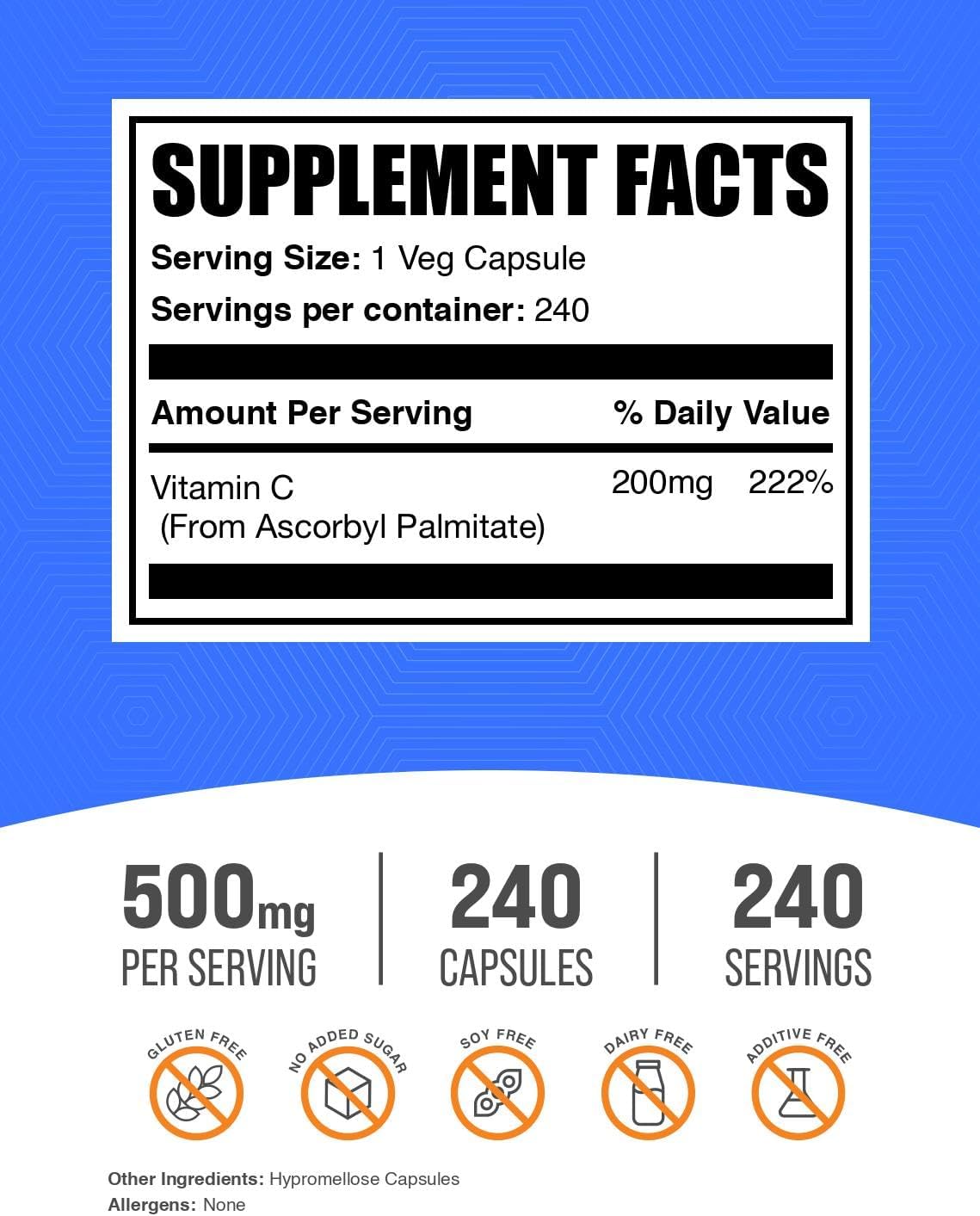 Ascorbyl Palmitate Capsules - Vitamin C Ester, 500mg per Serving (200mg Vitamin C), 240 Capsules - görsel 2