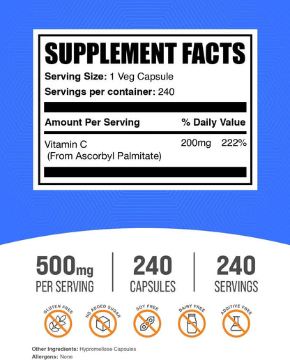 Ascorbyl Palmitate Capsules - Vitamin C Ester, 500mg per Serving (200mg Vitamin C), 240 Capsules