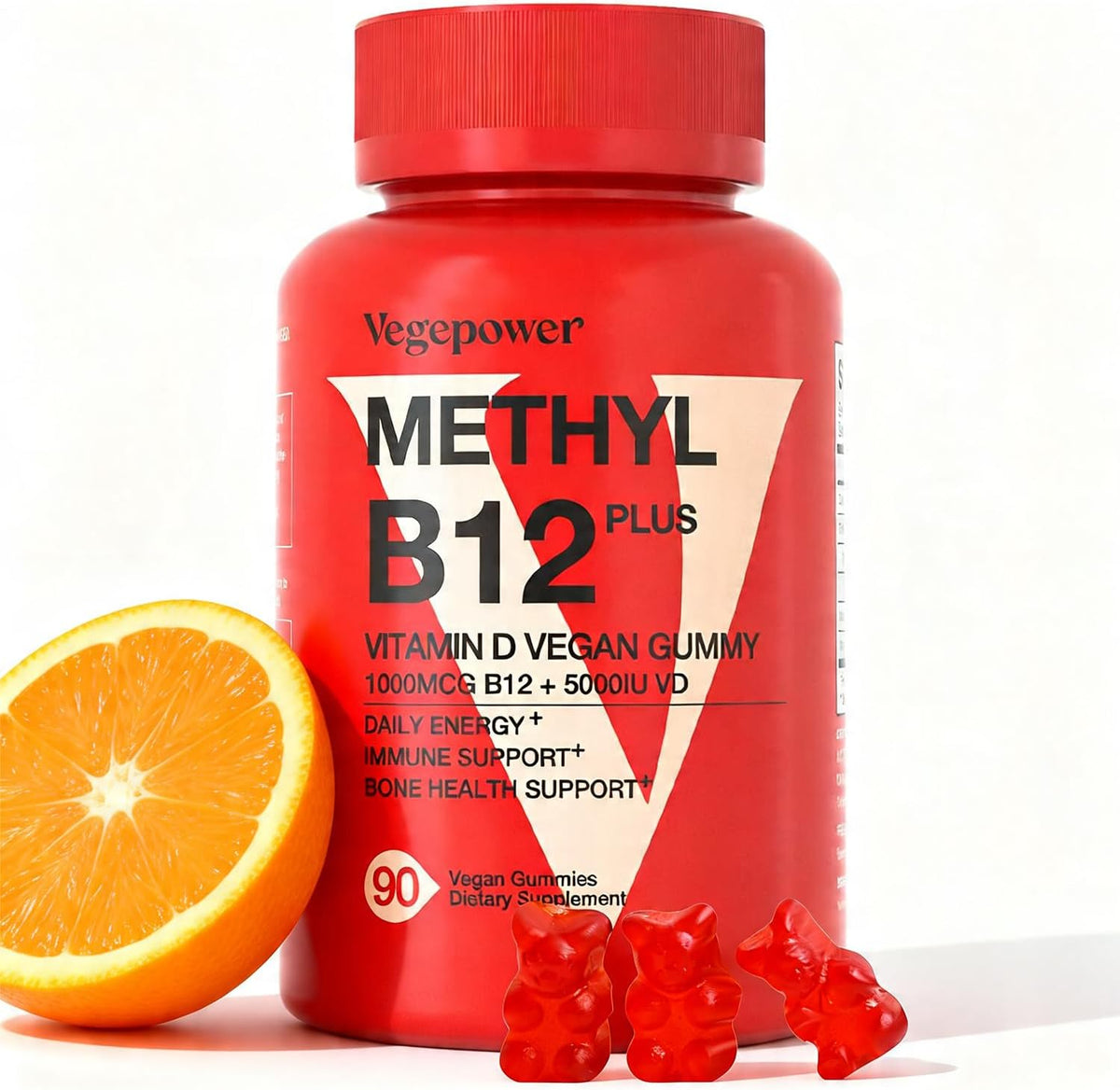 Vegan Vitamin D3 & B12 Gummies, Methyl B12 Supplement for Adults & Children, Enhanced with Vitamin D3 for Natural Energy, Immune Support, Metabolism, and Focus, Orange Flavour, 90 Gummies - görsel 1