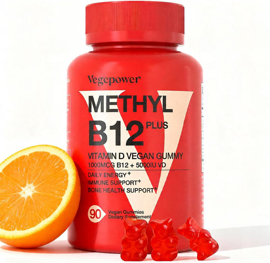 Vegan Vitamin D3 & B12 Gummies, Methyl B12 Supplement for Adults & Children, Enhanced with Vitamin D3 for Natural Energy, Immune Support, Metabolism, and Focus, Orange Flavour, 90 Gummies