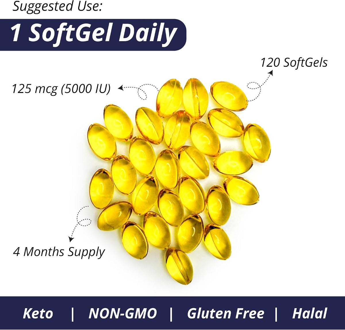 Vitamin D3 5000 IU Soft gel capsules - 125 mcg - Non-GMO, Gluten-free - 120 Count - görsel 6