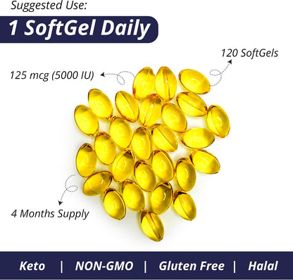 Vitamin D3 5000 IU Soft gel capsules - 125 mcg - Non-GMO, Gluten-free - 120 Count