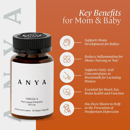 ANYA Omega-3 with 300mg DHA and EPA - Vegan Antenatal Postnatal Supplement for Breastfeeding and Lactation Support