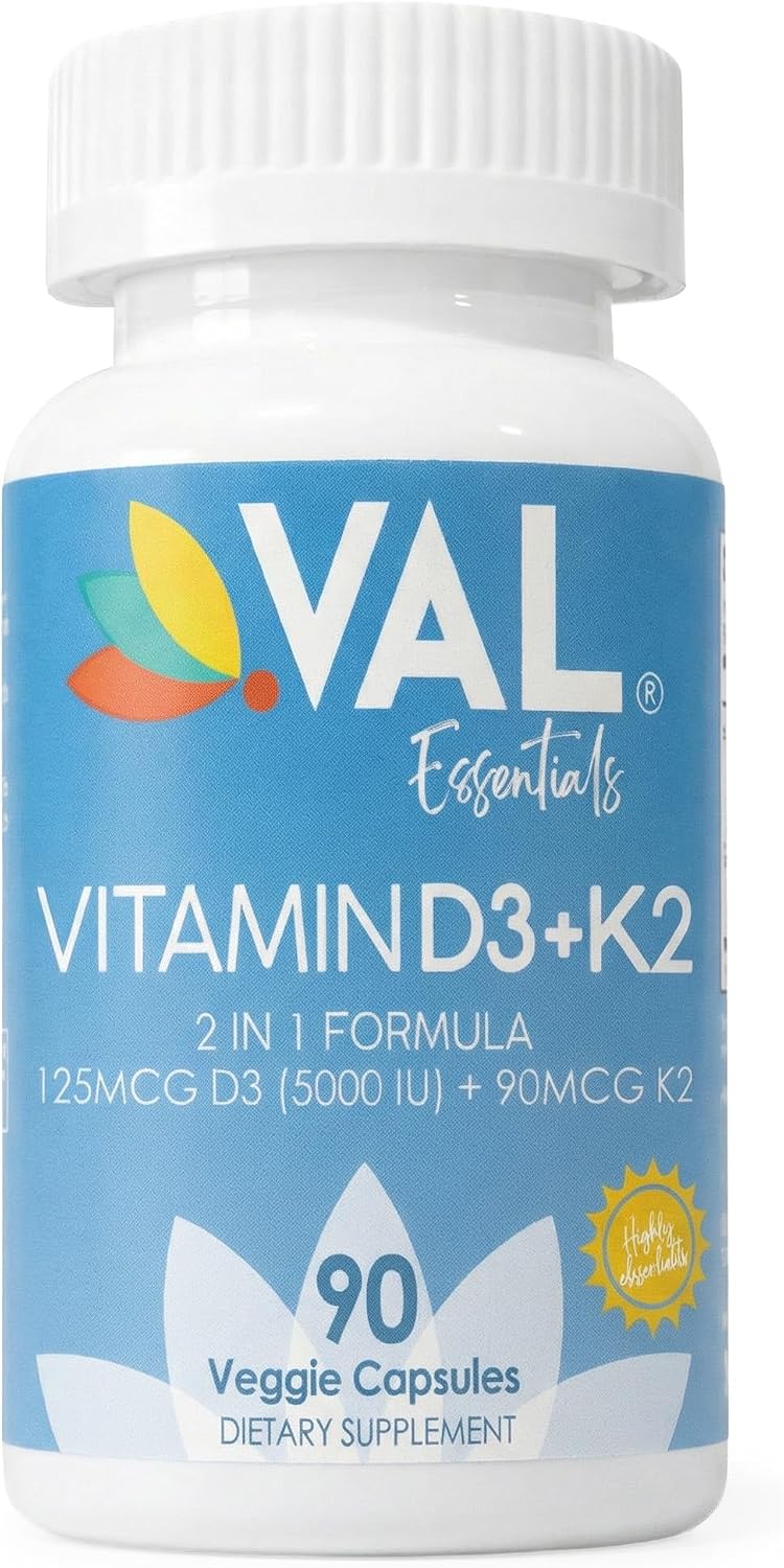 VAL Vitamin D3 + K2 (MK-7) 5000 IU & 90 mcg – Bone and Immune Support – High Potency, Non-GMO, Easy to Swallow – 90 Vegan Capsules - görsel 1