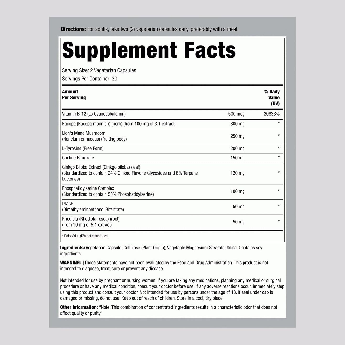 Lindberg Brain Support Supplement - 60 Capsules - with Phosphatidylserine, Lion's Mane, Vitamin B12 - Vegetarian, Non-GMO, Gluten-free - görsel 2