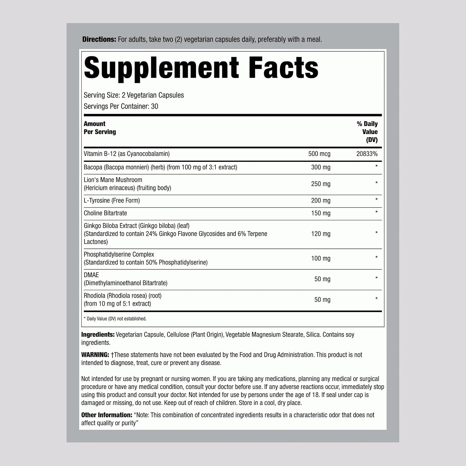 Lindberg Brain Support Supplement - 60 Capsules - with Phosphatidylserine, Lion's Mane, Vitamin B12 - Vegetarian, Non-GMO, Gluten-free - görsel 2