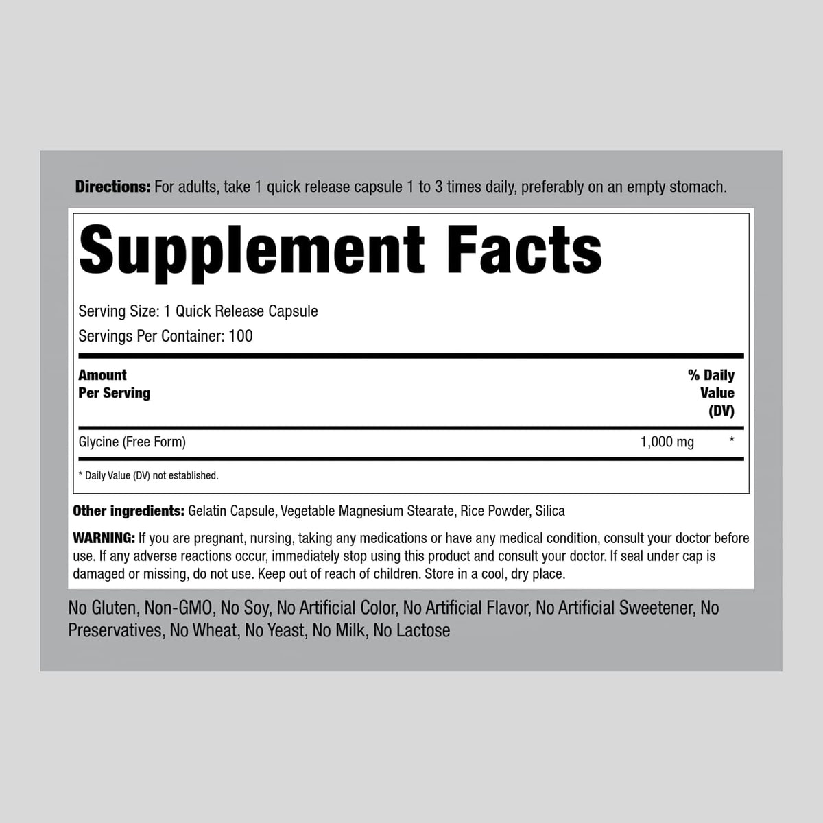 Piping Rock Glycine 1000mg Capsules - Free Form Amino Acid, Non-GMO, Gluten-Free (100 Capsules) - görsel 2