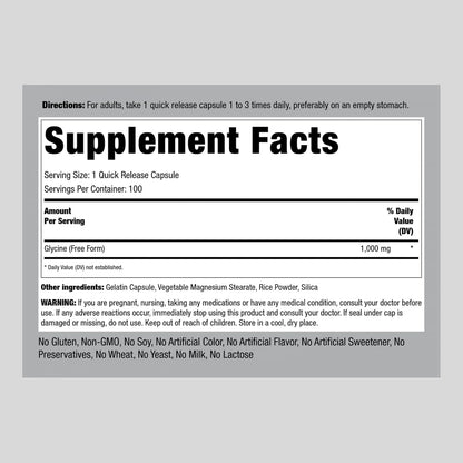 Piping Rock Glycine 1000mg Capsules - Free Form Amino Acid, Non-GMO, Gluten-Free (100 Capsules)