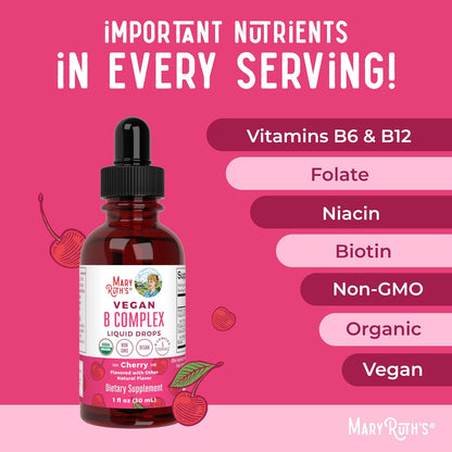 MaryRuth's Organics Vitamin B Complex Liquid Drops - Organic, Vegan, Non-GM, Gluten-free, Cherry Flavour - 2 Month Supply
