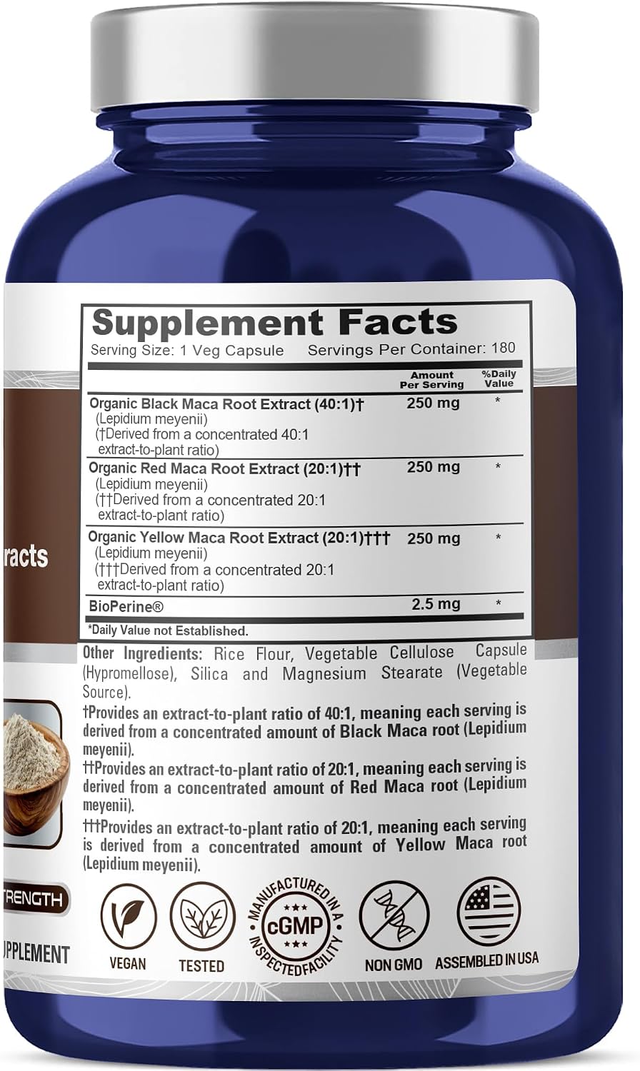 NusaPure Maca Root Black, Red, Yellow Capsules, 750 mg, 180 Veg Capsules (Non-GM, Vegan) - görsel 2