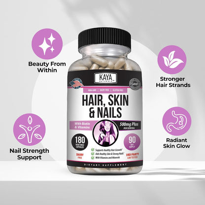 Kaya Naturals Hair, Skin & Nail Capsules with Biotin, Vitamin D, B-12, A, Folic Acid - 180 Capsules