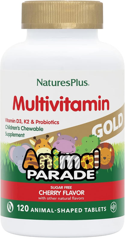 NaturesPlus Animal Parade Gold Children's Chewable Multivitamin - Natural Cherry Flavour - 120 Animal Shaped Tablets