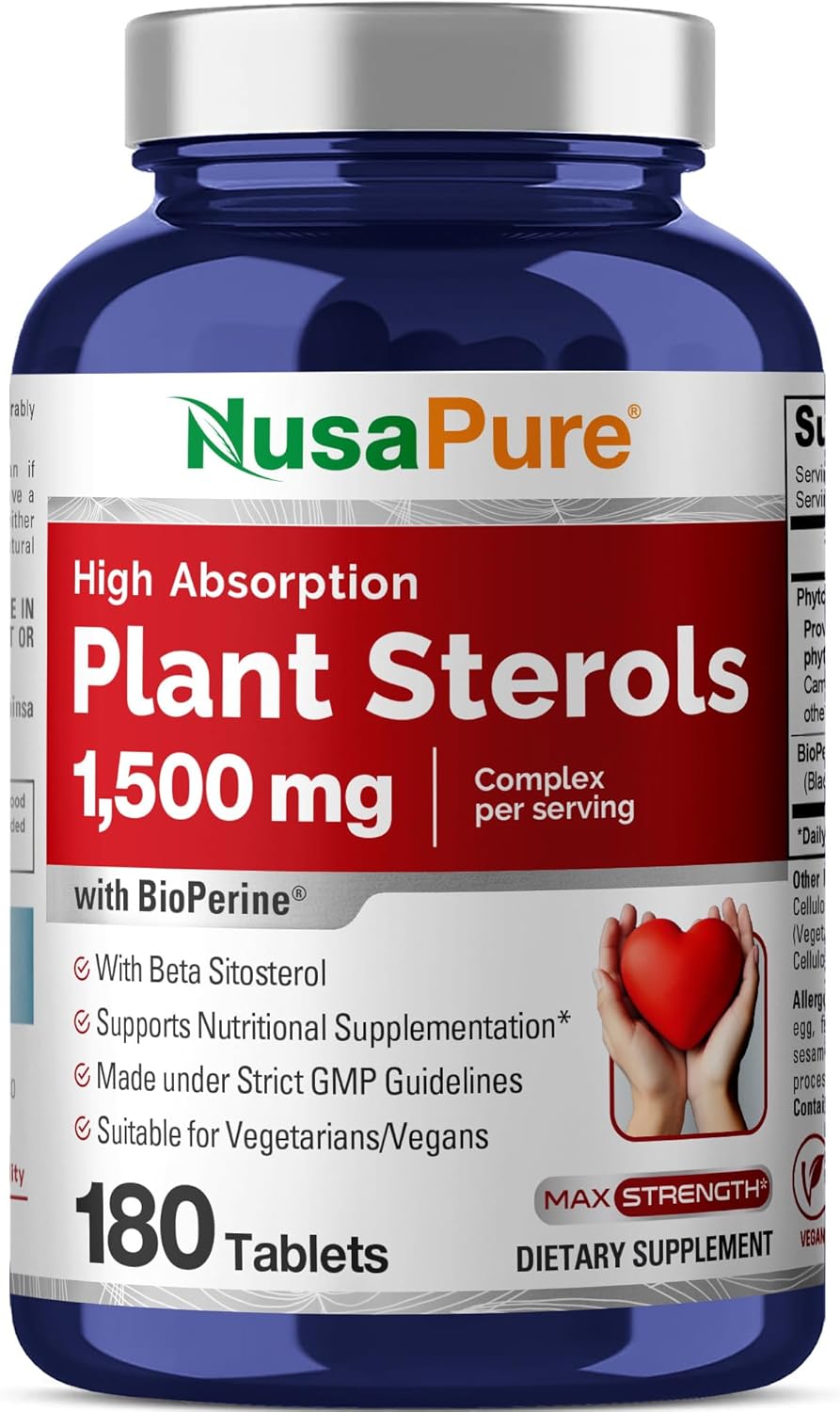 NusaPure Plant Sterols 1500 mg with Beta Sitosterol and Bioperine - 180 Veg Tablets, Non-GMO, Vegan - görsel 1