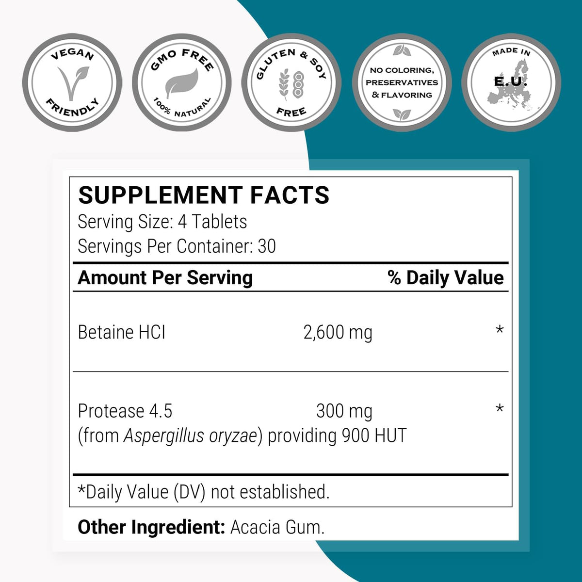 Supersmart Betaine HCl 2600 mg – Hydrochloric Acid Formula for Healthy Digestion, Non-GMO & Gluten-free – 120 Tablets - görsel 4