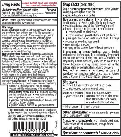 GeriCare Low Dose Adult Chewable Aspirin 81mg, Pain Reliever, Fever Reducer, 36 Tablets