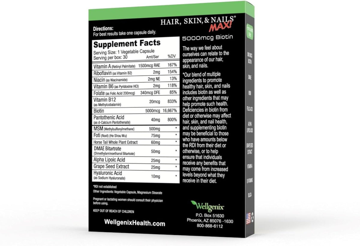 Wellgenix Purvana MAX Hair, Skin & Nails Supplement – 5000mcg Biotin with MSM & B-Complex – 60 Veggie Capsules (2-Pack) - görsel 3