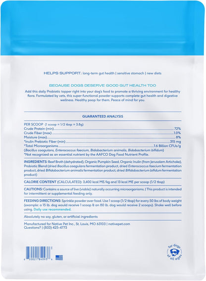 Native Pet Probiotics for Dogs – Dog Probiotic Powder for Gut & Digestive Health, Vet-Formulated 6 Billion CFUs of Dog-Specific Strains, Helps Maintain Stool Quality and Ease Diet Changes – 240 Scoops