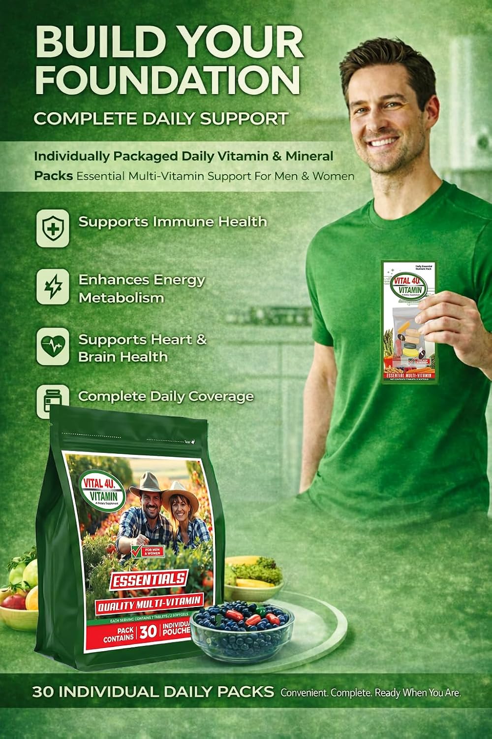 VITAL 4U Vitamin Essentials Daily Multivitamin Packs for Men and Women, 30 Servings | Essential Vitamins, Minerals, Immune Support and Energy Metabolism Support - görsel 3