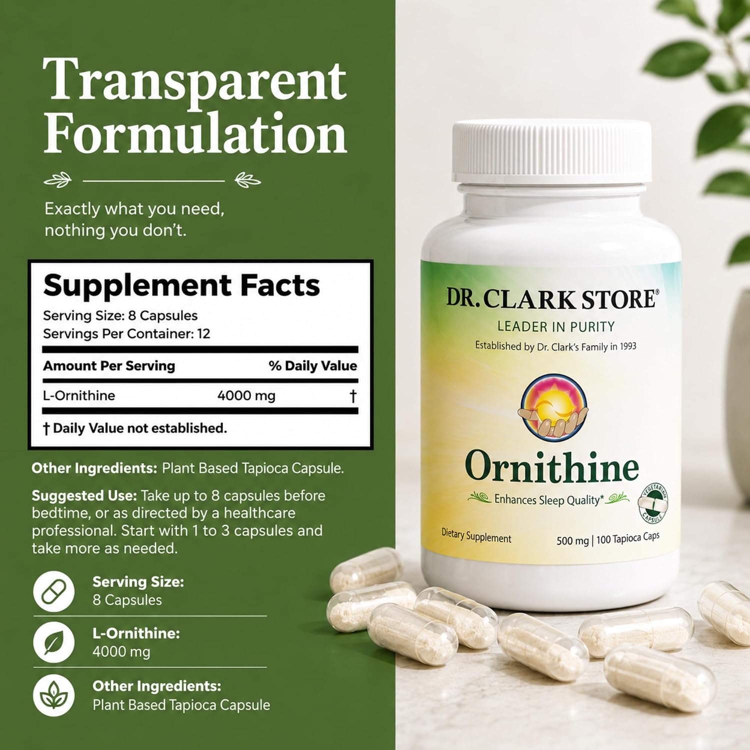 Dr Clark Ornithine Dietary Supplement 500mg, 100 Tapioca Capsules, Pure Amino Acid Support for Natural Sleep Aid, Promotes Protein Metabolism, Cleansing and Detoxification, Non-GMO & Gluten-free - görsel 7