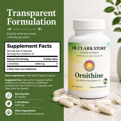 Dr Clark Ornithine Dietary Supplement 500mg, 100 Tapioca Capsules, Pure Amino Acid Support for Natural Sleep Aid, Promotes Protein Metabolism, Cleansing and Detoxification, Non-GMO & Gluten-free