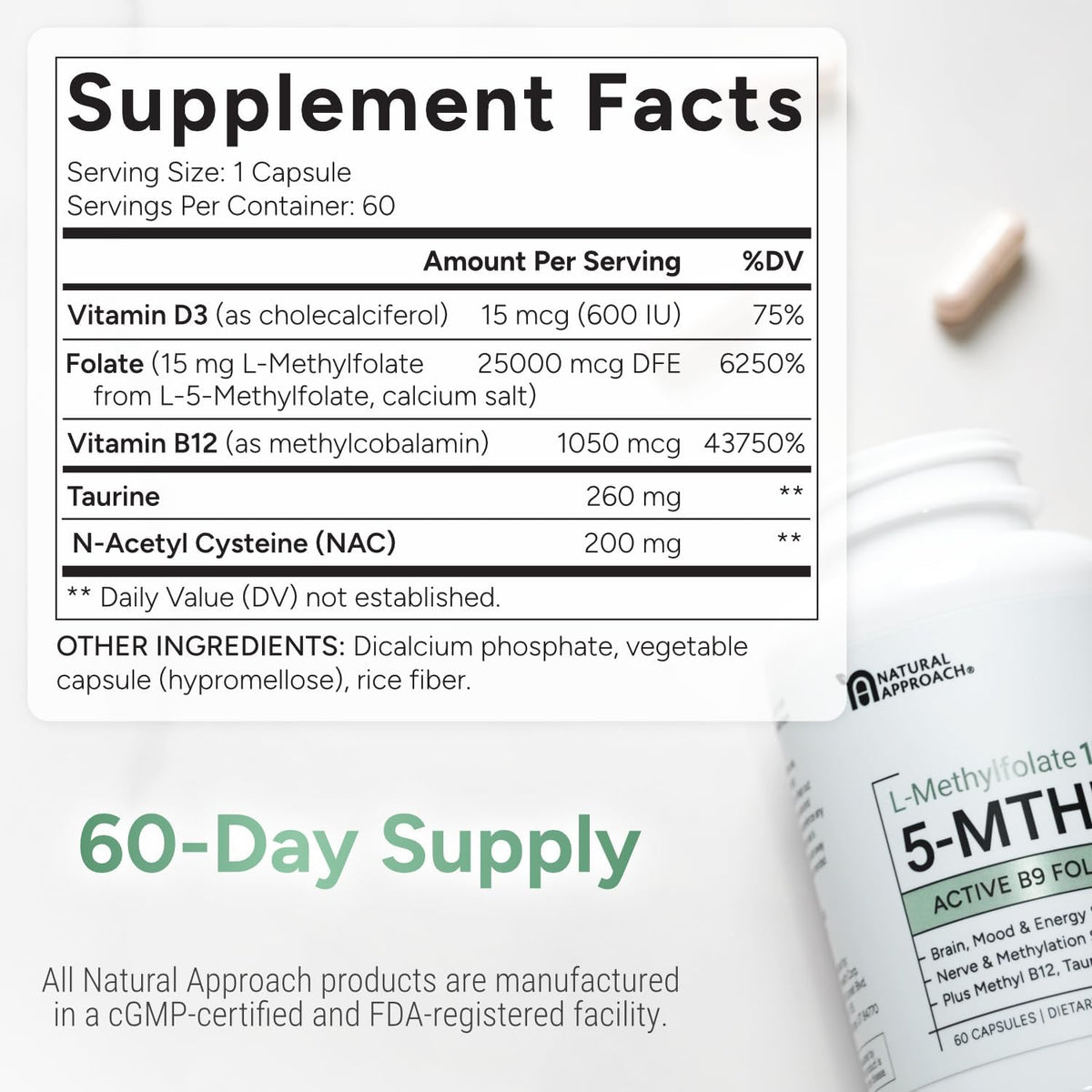 Natural Approach L-Methylfolate 15mg with Methyl B12, D3, NAC & Taurine - 60 Capsules - görsel 6