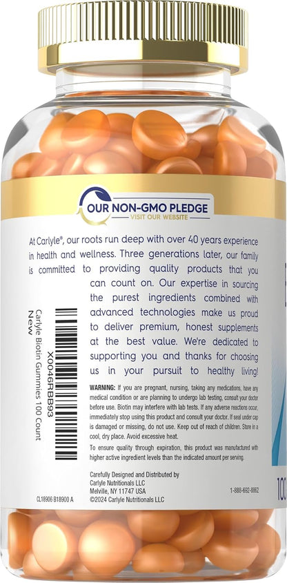Carlyle Biotin 10000mcg Gummies – 100 Count, Peach Flavour, Vegan, Non-GMO, Gluten-free