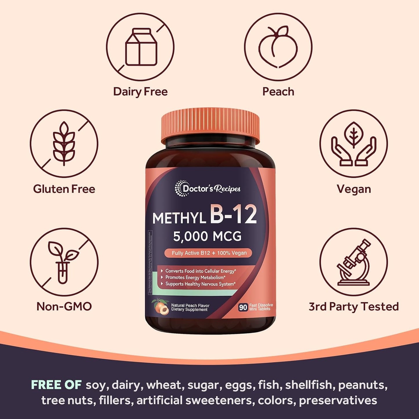 Doctor's Recipes Vitamin B12 Methylcobalamin 5000 mcg Fast Dissolve Tablets - Natural Peach Flavour, Vegan - görsel 5