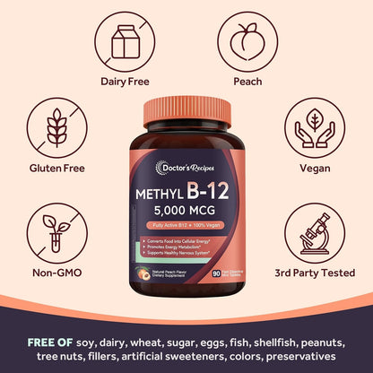 Doctor's Recipes Vitamin B12 Methylcobalamin 5000 mcg Fast Dissolve Tablets - Natural Peach Flavour, Vegan