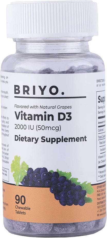 Briyosis Vitamin D3 2000 IU Chewable Tablets – Natural Grape Flavour (90 Tablets)