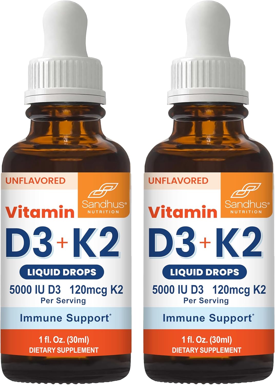 Sandhu's Vitamin D3 K2 Drops - 5000 IU D3 + 120 mcg K2 - Liquid Supplement, 1 fl oz (Pack of 2) - görsel 1