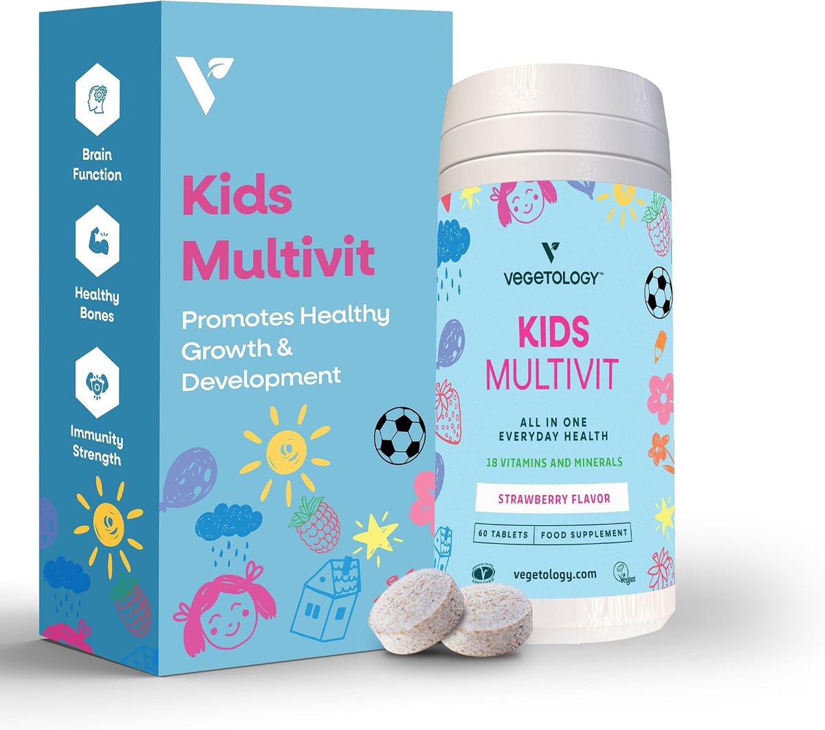 VEGETOLOGY Kids Multivitamin Food Supplement – Vegan Chewable Multivitamin for Immune Function, Energy & Growth, 18 Essential Vitamins & Minerals – 60 Tablets, Strawberry - görsel 1