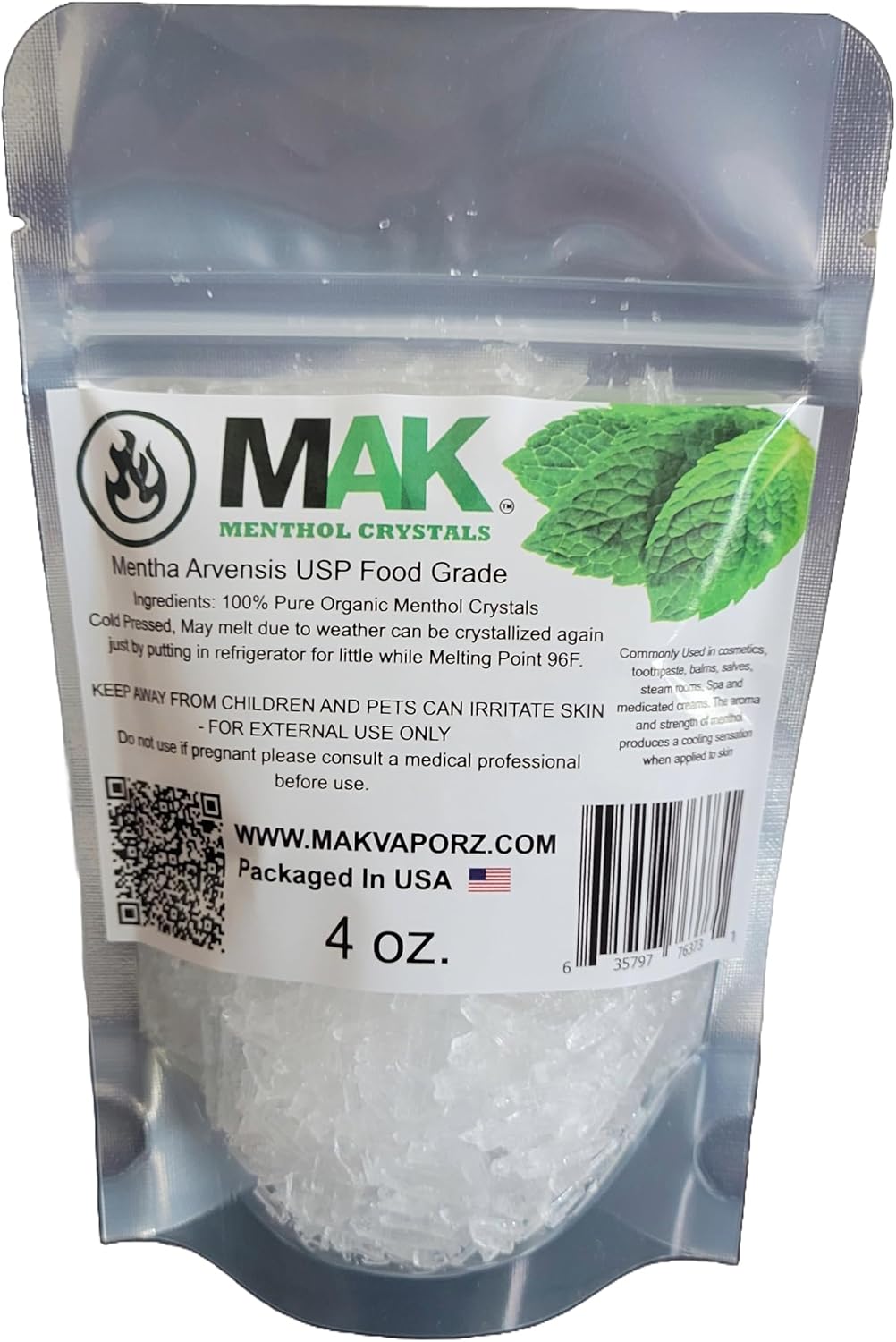 Mak Menthol Crystal 113g - Pure Organic 100% Natural Menthol Crystals from Mint Mentha Arvensis - Resealable Standup Bag - görsel 1